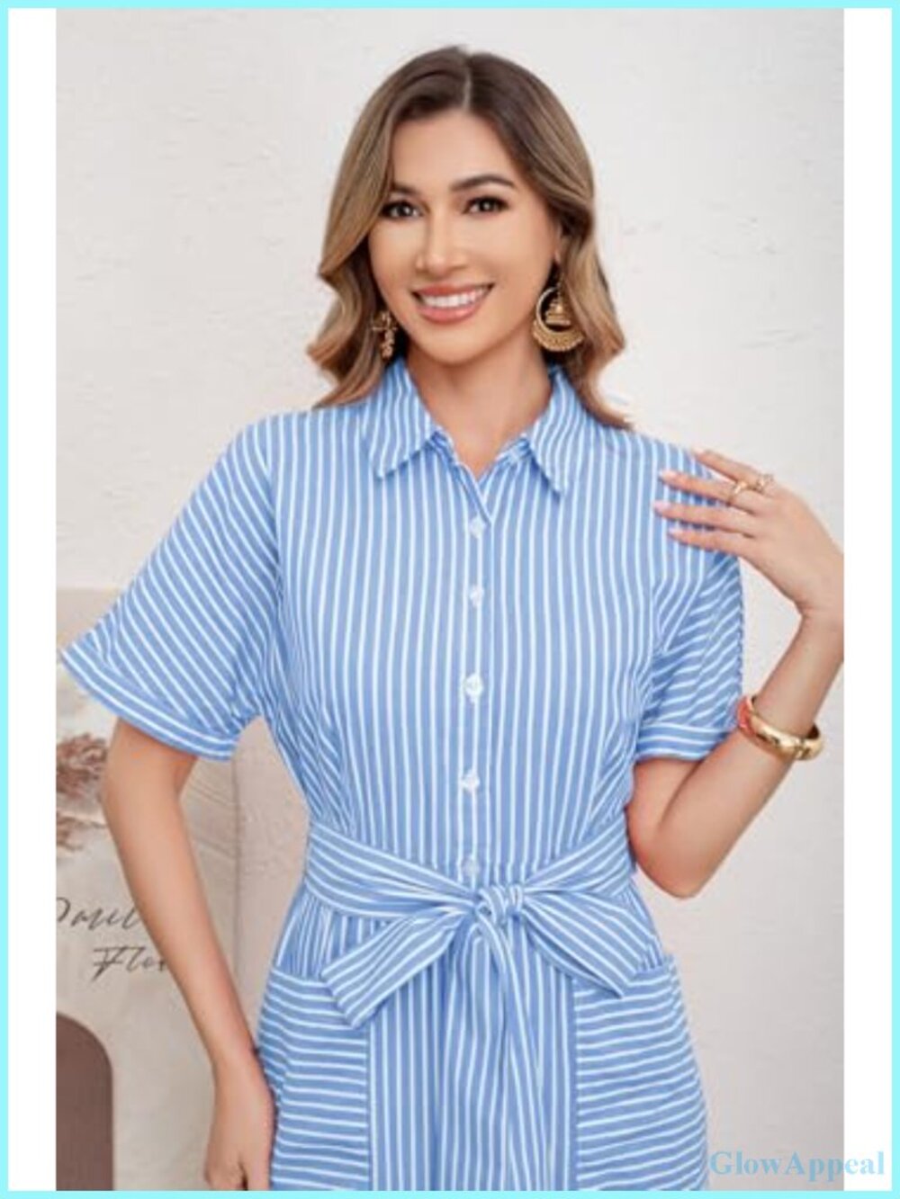 Striped Button Down Maxi Dress with Pockets Tie Waist Short Sleeve Shirt Dress - Picture 5 of 6